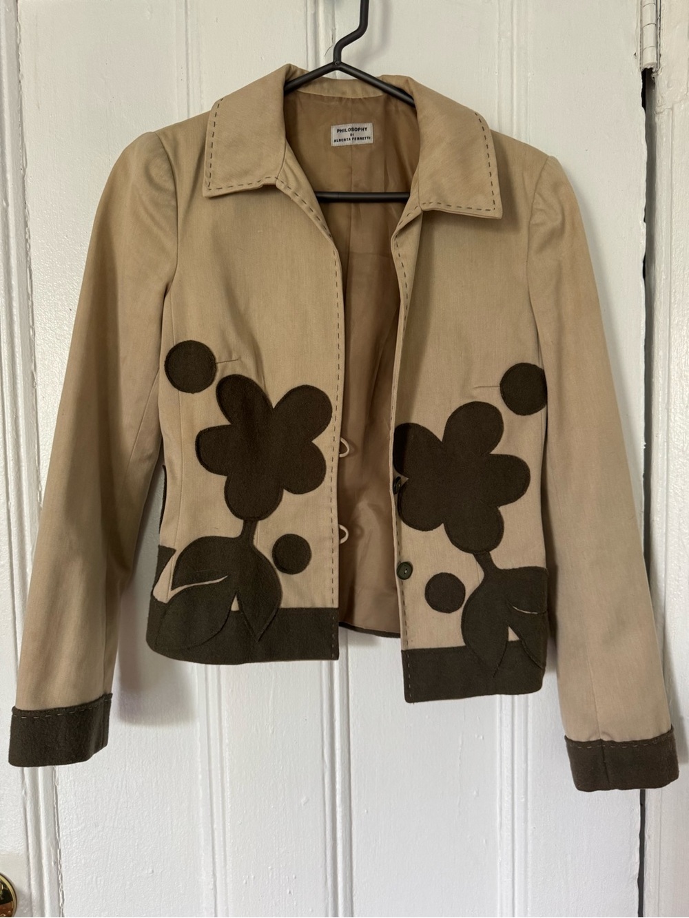 Alberta Ferretti Beige Jacket with Dark Brown Floral Appliqués